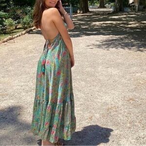 Moomo Colorful Green Floral Halter Maxi Open Back Dress